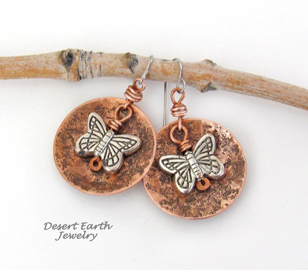 Round Copper Dangle Earrings with Silver Butterfly Charms Earthy Nature Jewelry Gifts for Women Teen Girls 29.00